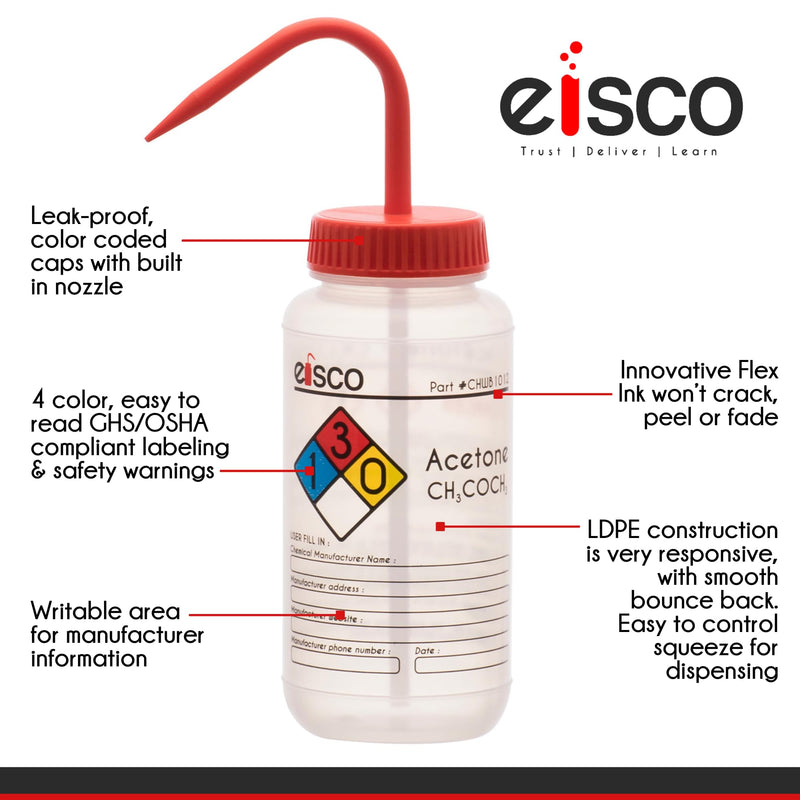 EISCO - Acetone Wash Bottle, 500mL, Low Density Polyethylene, Self-Venting, Color-Coded Chemical & Safety Label, Wide Mouth, Leak-Proof Cap with Nozzle, Laboratory Dispensing Bottle, Red Cap 1
