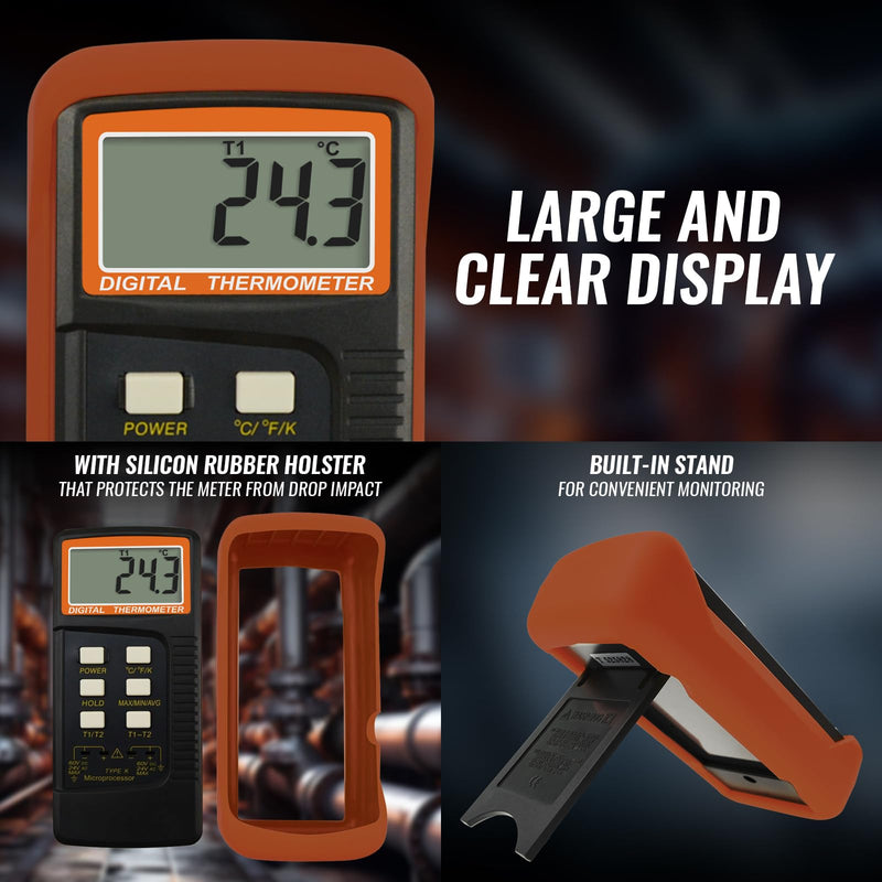 [Australia - AusPower] - Dual Channels Thermocouple Thermometer 4 Thermocouples (Wired & Stainless Steel), Handheld Desktop High Temperature Kelvin Scale Sensor Tester Temperature Range -50~1300°C (-58~2372°F) 