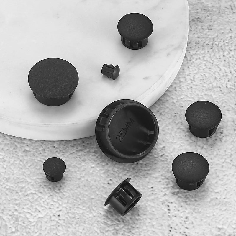 [Australia - AusPower] - Plastic Hole Plugs, 180pcs Black Panel Knockout Locking Plugs, Round Drill Screw Hole Plugs Covers for Kitchen Cabinet Furniture Insert End Caps, 1" 3/4" 1/2" 3/8" 5/16" 1/4" 1/5" A-black Mixed 