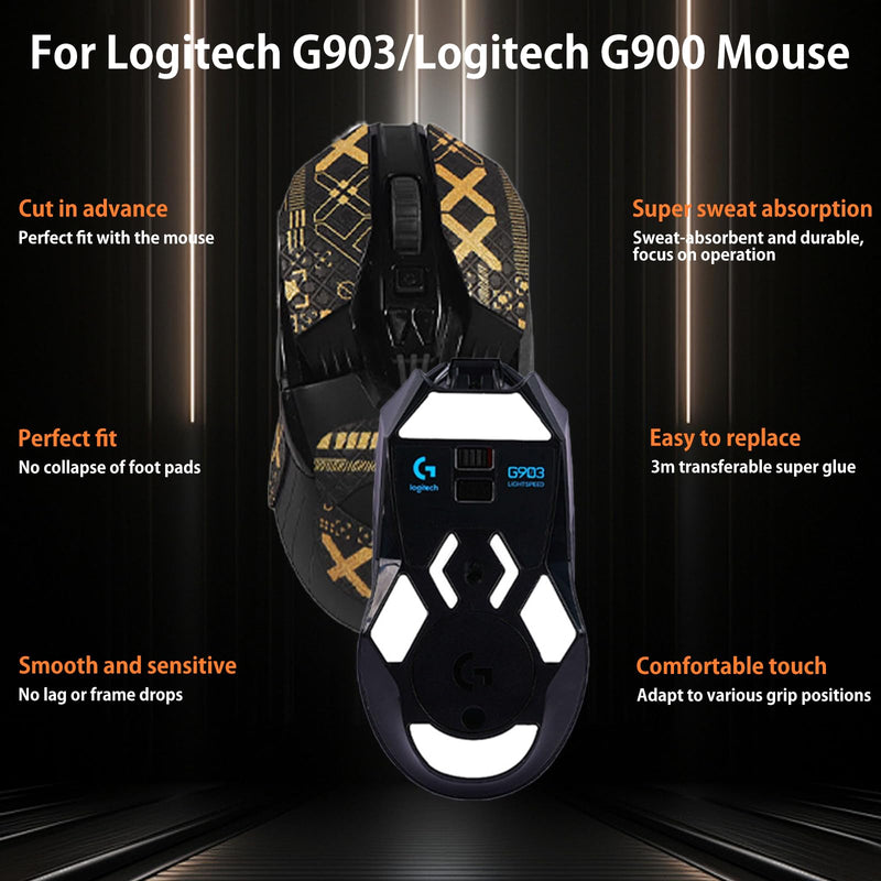 NOUKAJU Mouse Grip Tape for Logitech G903/Logitech G900, Rounded Curved Edges Mouse Feet Skates,Self-Adhesive PreCut Sweat-Resistant Professional Mice Upgrade Kit(Foot pad + Black-Gold Mouse Tape)