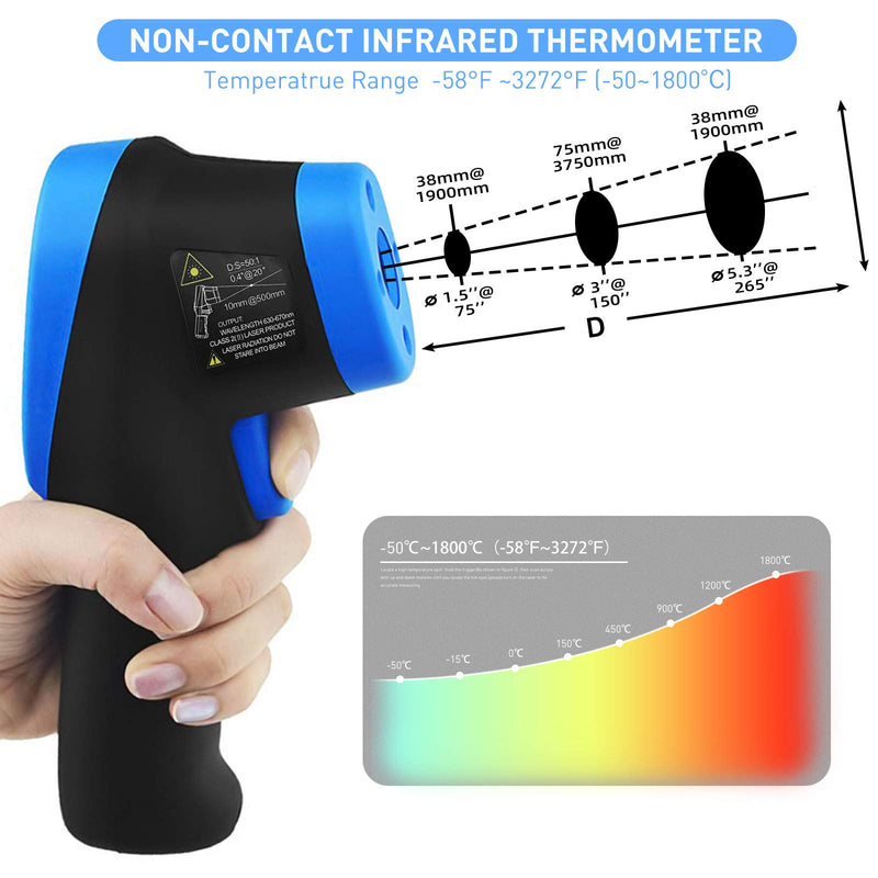 [Australia - AusPower] - AIOMEST 50: 1 Infrared Thermometer -58°F ~3272°F (-50~1800℃) Digital High Temperature Pyrometer with Adjustable Emissivity, Digital Laser IR Temp Gun for Cooking Kiln HVAC (NOT for Human Temp) AN-1800C (Color Screen) 