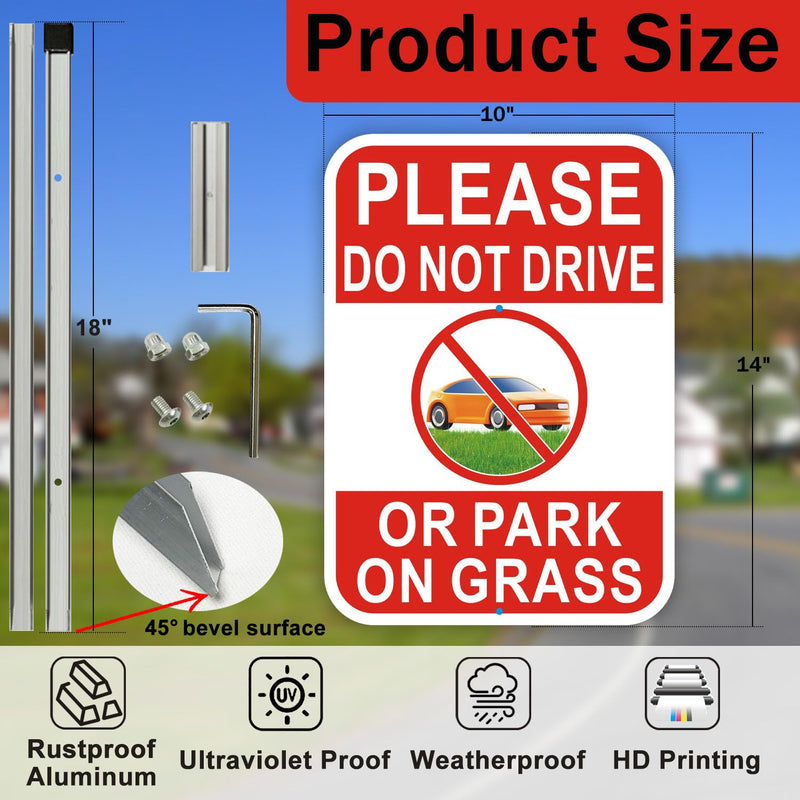 2-Pack No Parking on Grass Sign with 36" Metal Stakes, 10”x14” No Drive on Grass Rust-free Aluminum Yard Sign, Red/White 2 Pack- Red/White - 01