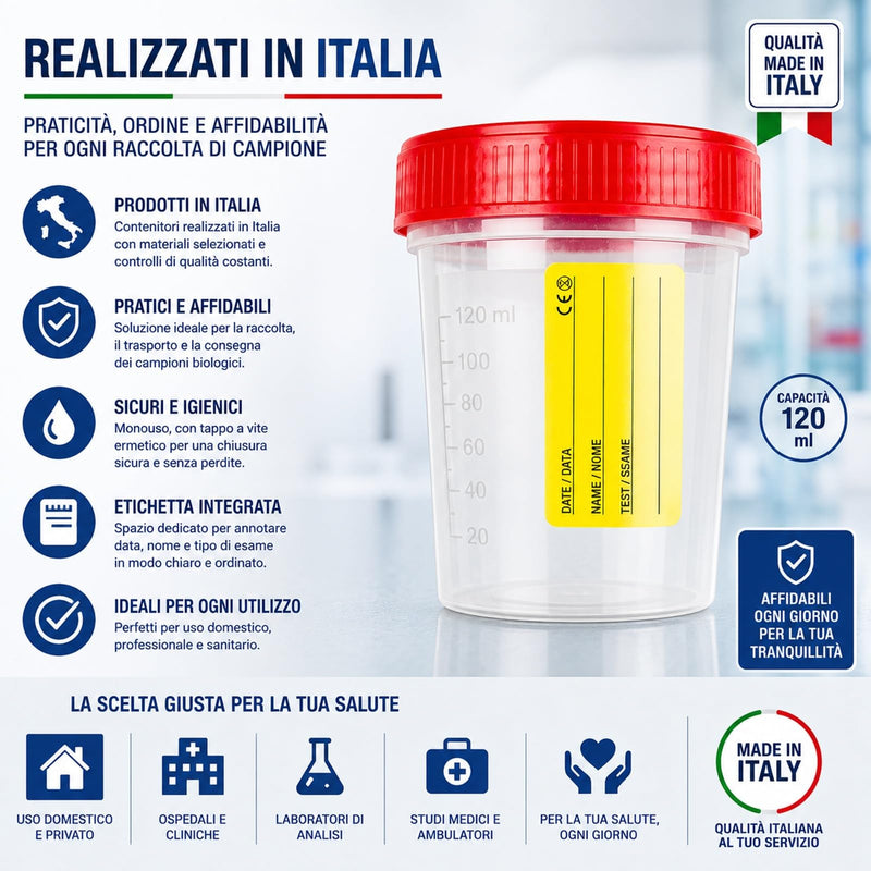 4 Sterile Urine Containers 120 ml with Screw Cap and Label - Urine Cups for Urine Culture Analysis, Hygienic Disposable | 100% Made in Italy
