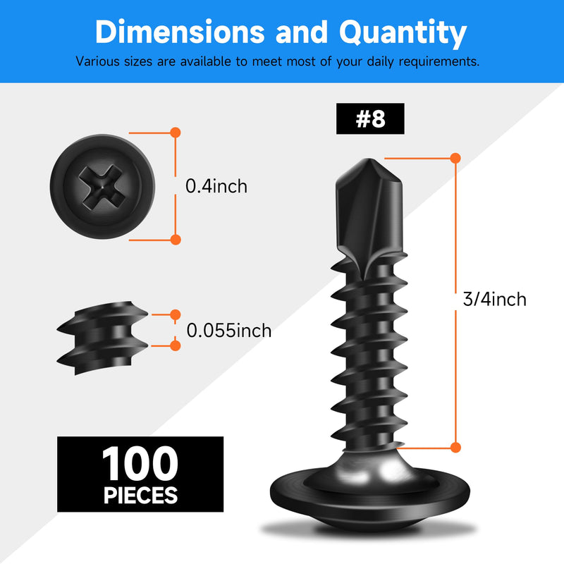 [Australia - AusPower] - 100Pcs #8 x 3/4" Black Self Tapping Screws for Metal, 410 Stainless Steel, Sheet Metal Screws for Metal, Truss Head High-Strength Quick Tapping #8×3/4" 100 