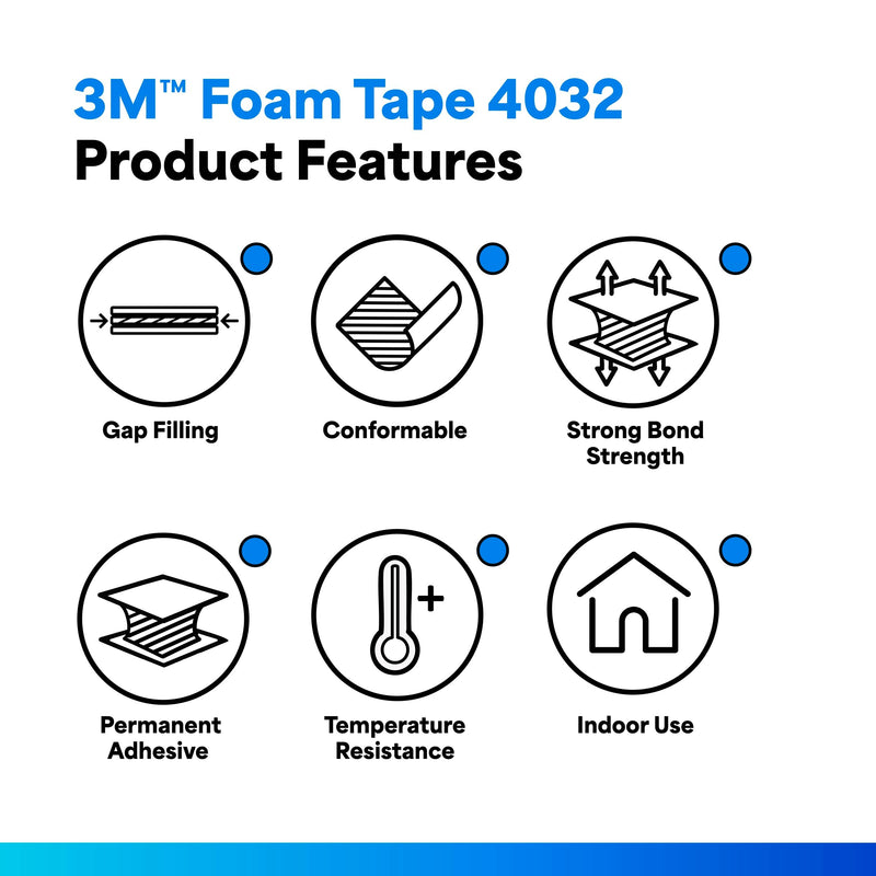 3M 4032 Double Coated Urethane Foam Tape, Bonding, Attaching, Mounting, White, 0.5 in x 5 yd, 1 Roll