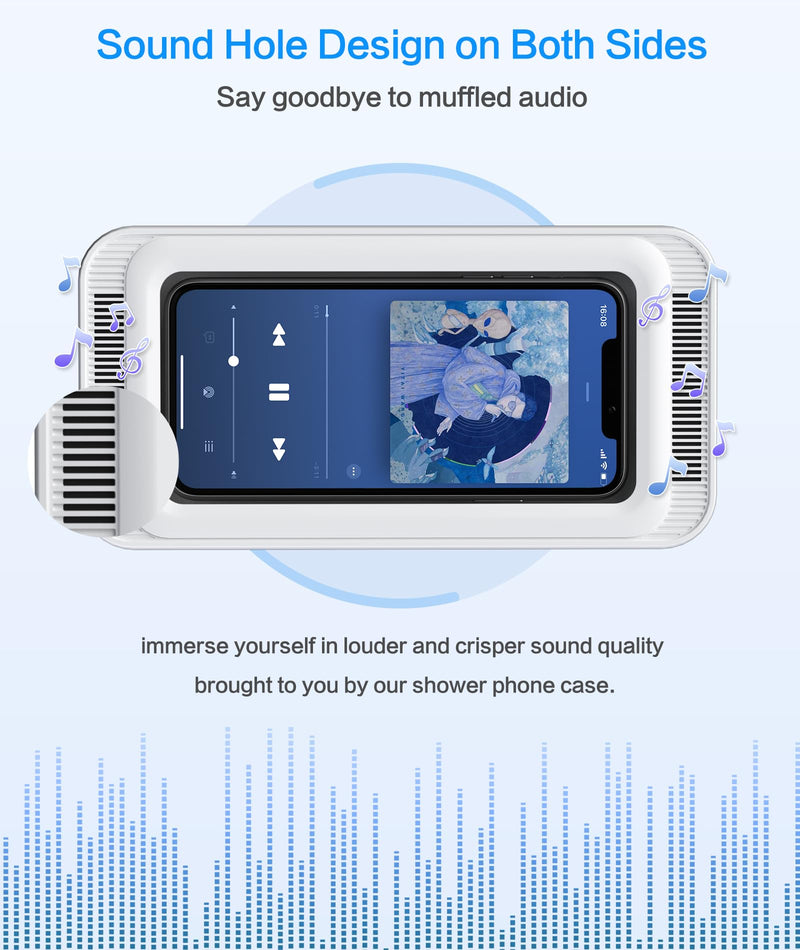 [Australia - AusPower] - Waterproof Shower Phone Holder with 480° Rotation and Angle Adjustable, Enhanced Sound Quality, Fits Phones up to 7 Inches（White） White 