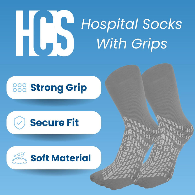 [Australia - AusPower] - HCS XL Hospital Socks with Grips for Women & Men (6 Pairs) - 360 Hospital Grip Socks for Women, Men, Elderly, Seniors - Non Slip Sock, All-Around Tread - Fall Risk Patient Slippers (Gray, XL) X-Large Grey 