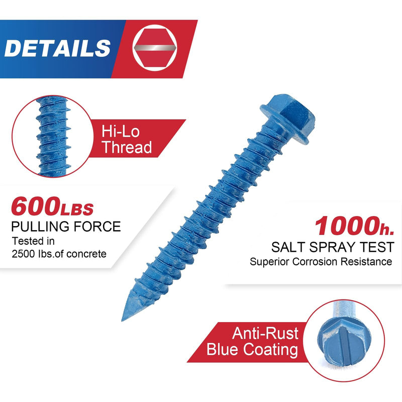 [Australia - AusPower] - 1/4" x 1-3/4" Concrete Screw Anchor,Flanged Slotted Hex Head, Drill & Driver Bits Included, for Concrete, Block & Brick(36pcs/Box) 1/4" 1 3/4 Inches 36 