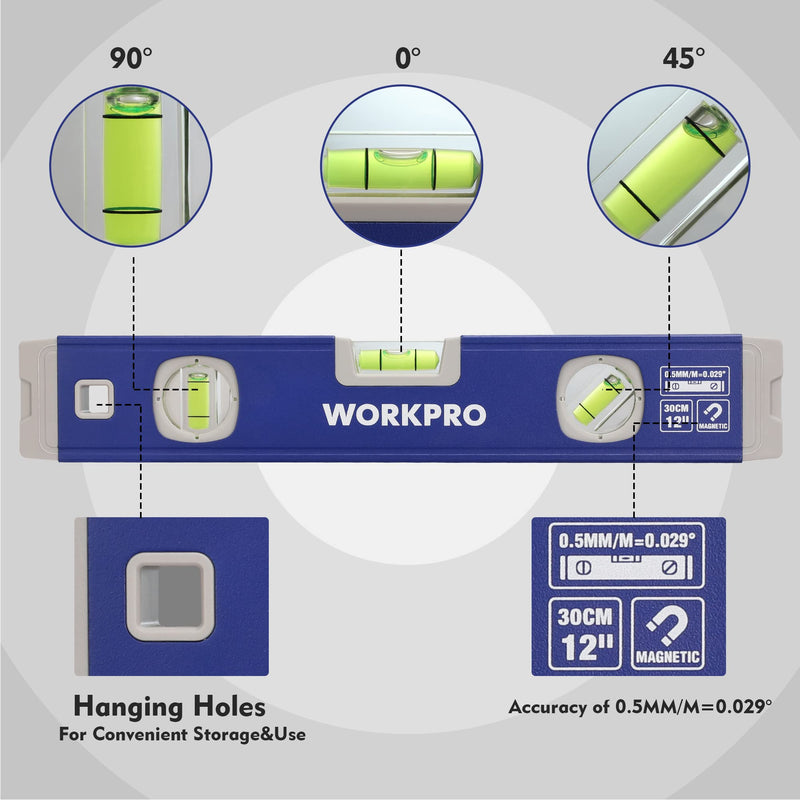 [Australia - AusPower] - WORKPRO Torpedo Level and 3-Piece Spirit Level Set (12", 20", 40") 