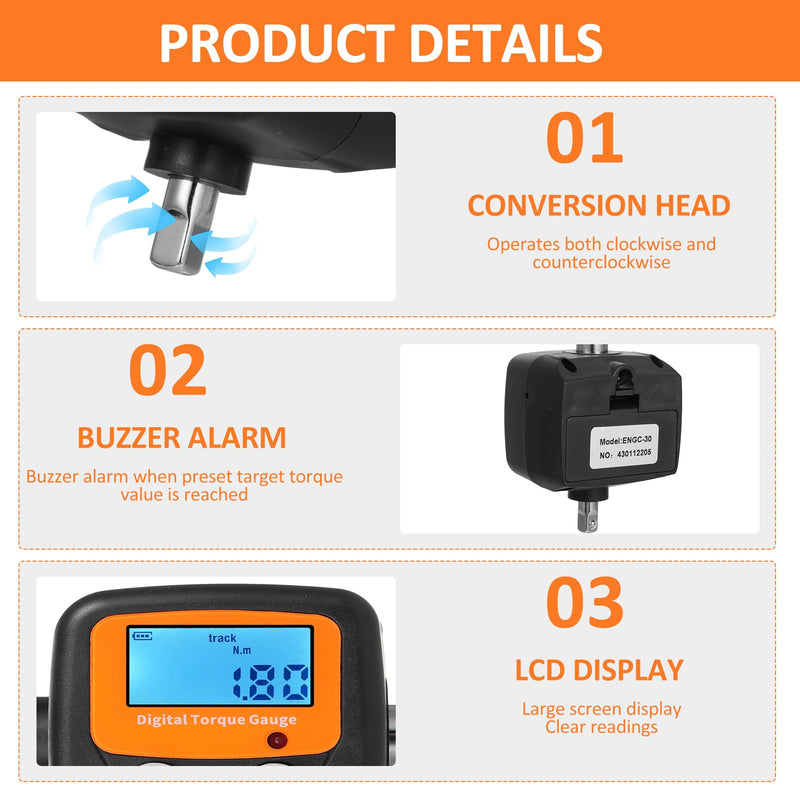 [Australia - AusPower] - ENGC-30 Digital Display Torque Meter 1/2'' to 1/4'' Adapters High Accuracy 4 Torque Units Backlit Display Perfect for tomotive Bike Motorcycle DIY & Home s ENGC-30 