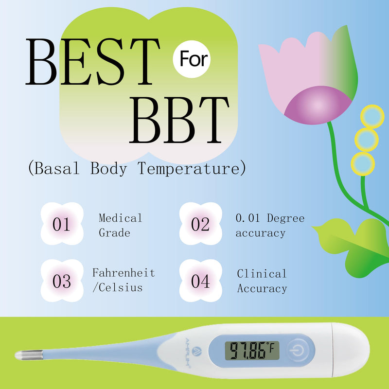 [Australia - AusPower] - Amplim Digital Basal Thermometer, Medical Grade Accurate BBT for Ovulation Tracking, 1/100th Degree High Precision Fertility Prediction, 60-Sec Read, Memory Recall, Flexible Waterproof Tip – Blue 