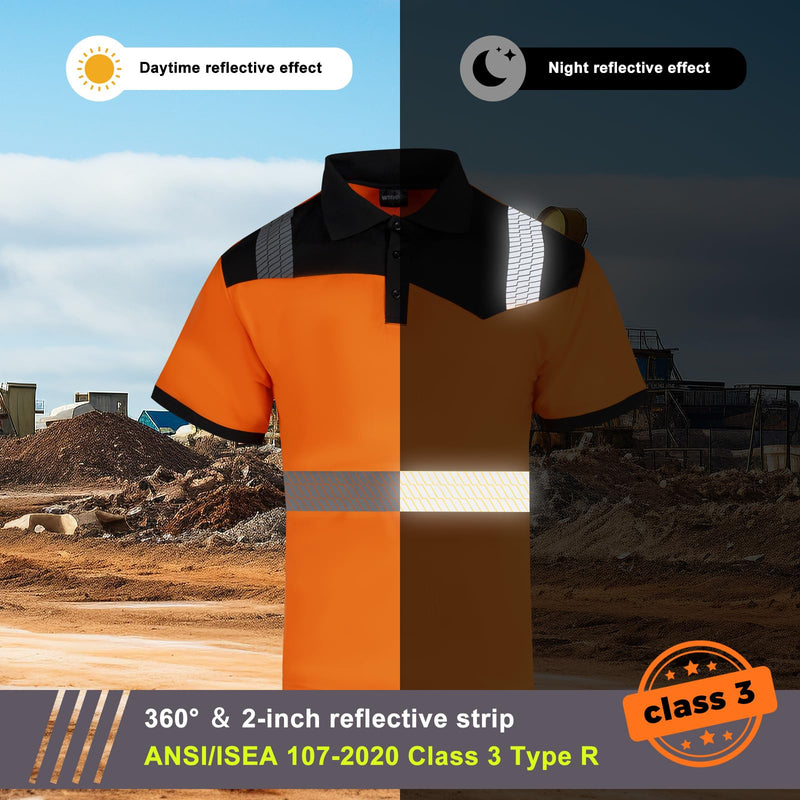 Hi Vis Safety Polo Shirts for Men 2 Pack Class 3 Reflective High Visibility Work Construction Short Sleeve T Shirts X-Large Orange