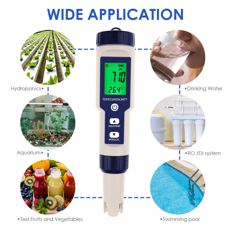 [Australia - AusPower] - Pentype Multi-Paramater 5-in-1 Water Quality Tester (pH/TDS/EC/Temp/Salinity) Waterproof Digital Meter Household Industrial Laboratory Analysis 