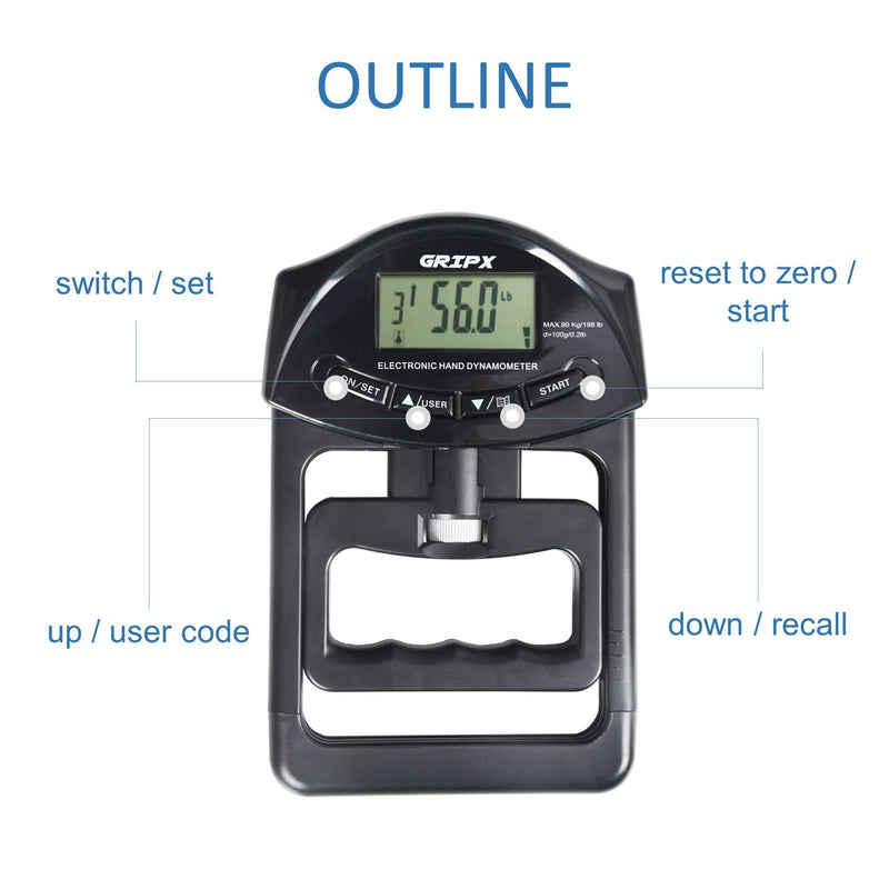 [Australia - AusPower] - GRIPX Digital Hand Dynamometer Grip Strength Measurement Meter Auto Capturing Electronic Hand Grip Power 198Lbs / 90Kgs Black 