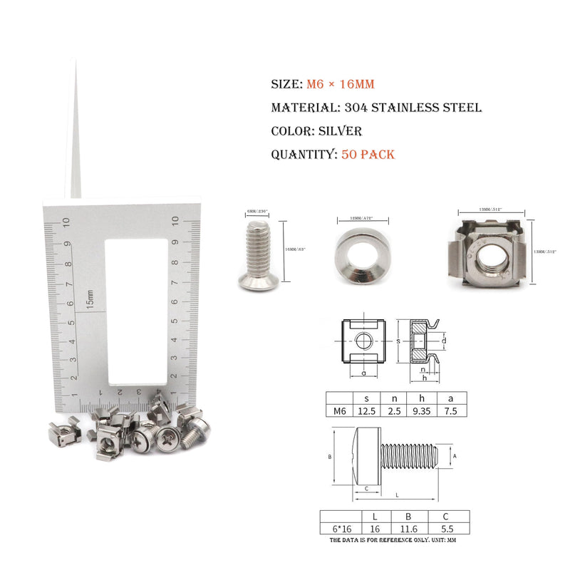 [Australia - AusPower] - 50 Pack Rack Mount Screws and Cage Nuts Assortment Kit, M6 x 16 mm Screws and Nuts Combination, with Washers, 304 Stainless Steel, (Silver) 