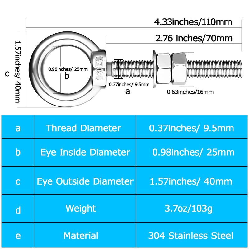 [Australia - AusPower] - M10 Shoulder Eye Bolts 2.75"X3/8" Premium Stainless Steel with 2 Nuts and 1 Washer Heavy Duty Eyebolts for Versatile Use 2 Pack 