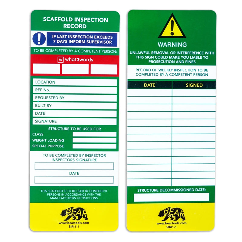 BearTOOLS Scaffold Inspection Record Kit Clear Easy Access Quality Waterproof (10 Inserts (Only)) 10-insert