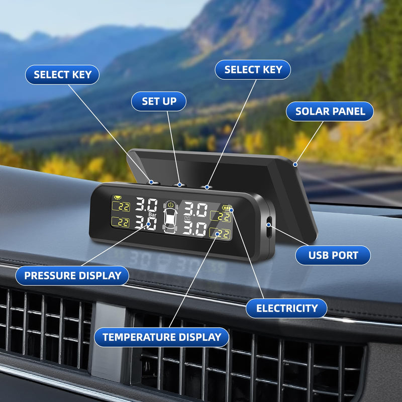 Tire Pressure Monitoring System Solar TPMS,Tire Pressure Monitor System with 4 External Sensors Real-Time Display on Windowshield 22-87 PSI for Car RV SUV MPV Sedan