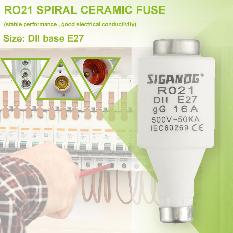 16A DII E27 R021 Spiral Ceramic Fuses gG Diazed Fuse Inserts 500VAC for Cable and Line Protection (Pack of 10) 16A