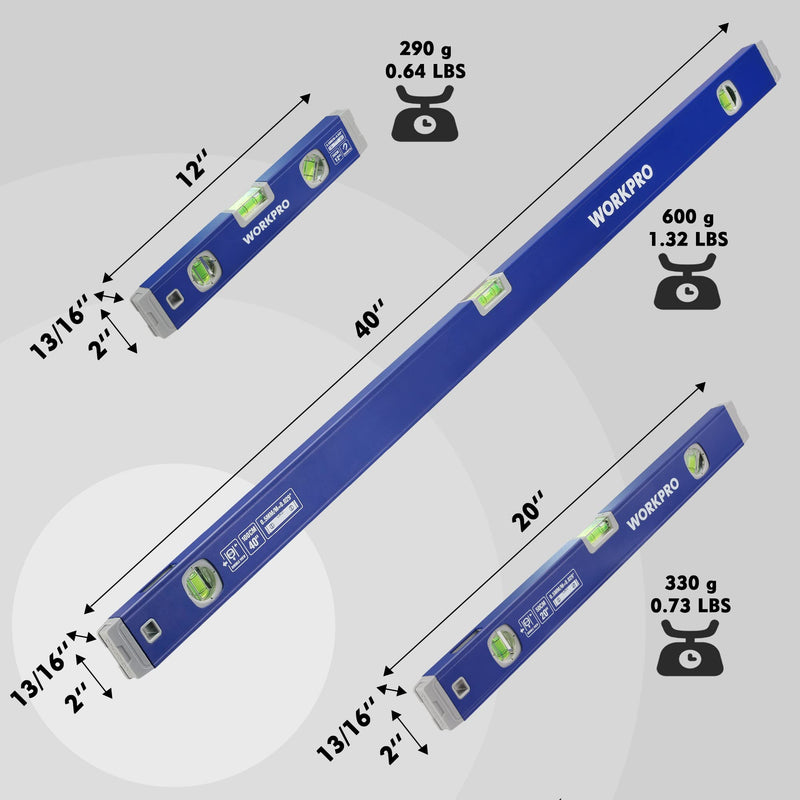 [Australia - AusPower] - WORKPRO 12 Inch Torpedo Level and 3-Piece Spirit Level Set (12", 20", 40") 
