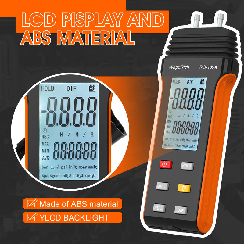 [Australia - AusPower] - WapoRich Pressure Gauge Professional Air Pressure Gauge RQ-189A, Differential Pressure Gauge, Dual Port Pressure Gauge, Gas Pressure Tester with 11 Selectable Units, Backlight 189A (±0.137 bar) 