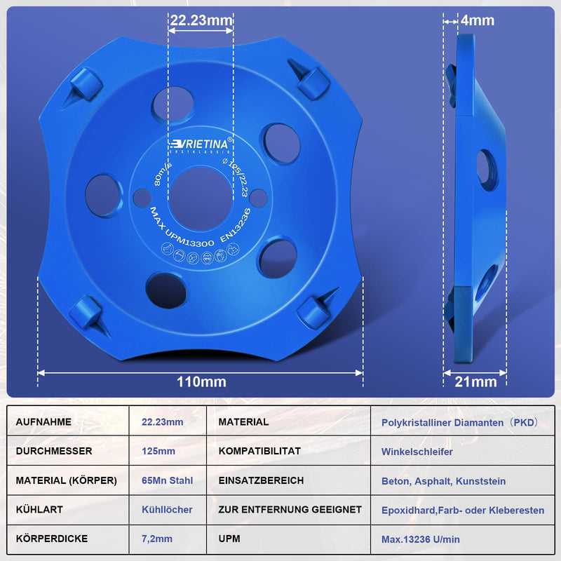 PKD PCD Diamond Cup Wheel Grinding Wheel 125 x 22.23 mm 4 Segments | Sanding disc for concrete grinder angle grinder (masonry, coatings tile adhesive screed granite natural stone)