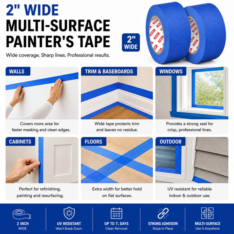 SWRT Blue Painters Tape 2 Inch x 55 Yards, 4 Rolls (220 Yards Total), Blue Masking Tape for Painting, Clean Removal Multi-Surface Paint Tape for Walls, Trim, DIY & Crafts