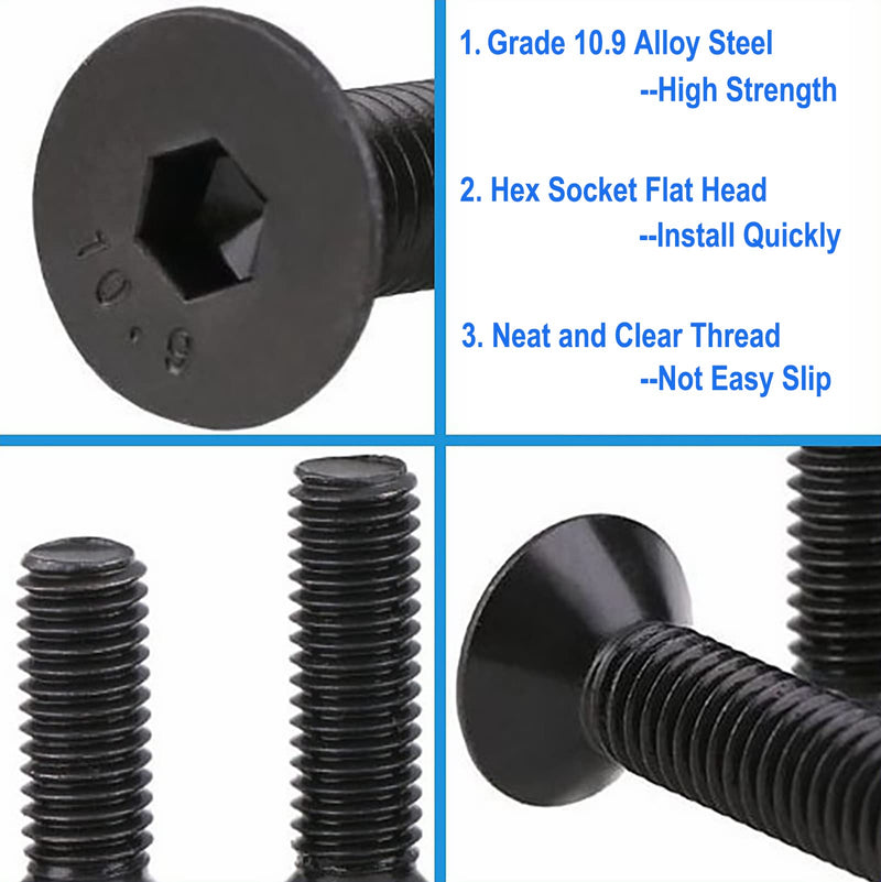 [Australia - AusPower] - 100PCS M5 x 8/12/16/20/30mm Flat Head Hex Socket Cap Screws Bolts, CSK Allen Head Machine Screws Set With Hex Key, Grade 10.9 Alloy Steel Black Oxide Finish, Fully Threaded Pitch: 0.8mm 100pcs-M5 x 8/12/16/20/30 