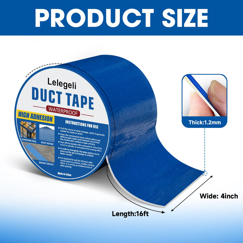 Lelegeli Blue Duct Tape Heavy Waterproof 4inch x 16ft, Waterproof Tape for Solar Pool Cover, Pool Liner Repair, Butyl Sealant Tape for RV Awning Sealing, Metal Roof Patch