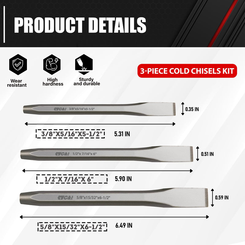 [Australia - AusPower] - C&T 3-Piece Heavy Duty All Purpose Cold Chisels Kit, 3/8, 1/2, 5/8 in, for Carpentry, Metalwork, Woodwork & Masonry work 