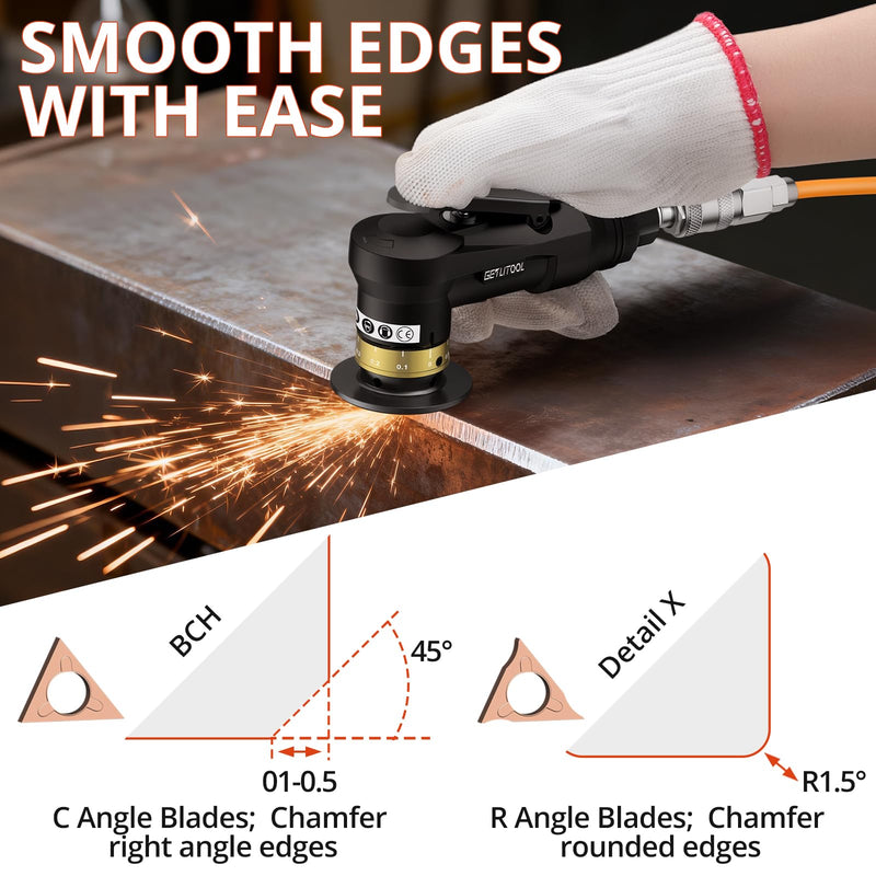 GETLITOOL Pneumatic Chamfering Tool, Mini Air Chamfer Tool Kit with 12 C-Angle & 10 R-Angle Blades, 45 Degree 30000RPM Chamfering Tool with 4-Speed Control for Metal, Wood, PVC & Pipe Deburring Black