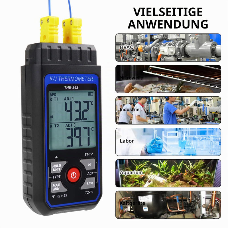 Thermocouple Thermometer, Digital K Type Thermometer with 4 Thermocouples, -200-1372℃ Measuring Range HVAC Thermometer Dual Channels, Temperature Meter LED Backlight and ADJ Compensation