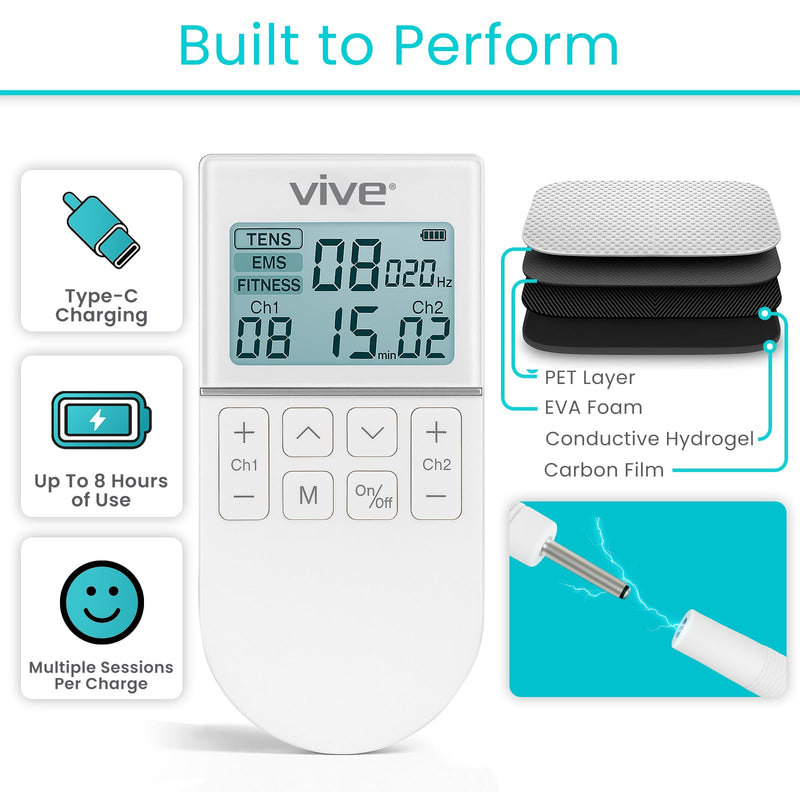[Australia - AusPower] - Vive 50 Mode TENS Machine for Pain Relief Therapy - EMS & Tens Muscle Stimulator for Back, Body, Recovery, Cramps - Rechargeable Unit with 8 Reusable Electrode Pads & Adjustable Intensities 