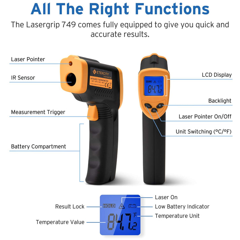[Australia - AusPower] - Etekcity Infrared Thermometer 749 (Not for Human) Temperature Gun Non-Contact Digital Lasergrip with LCD Backlit Display, -58℉ to 716℉ (-50℃ to 380℃), Black-Yellow Yellow 