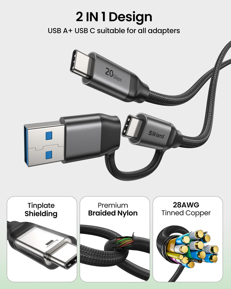 Silkland 2 in 1 USB A to USB C Data Cable 10Gbps, USB C to USB C 3.2 GEN 2x2 20Gbps Data Transfer, 15W/240W Fast Charging, USBC Monitor Video Cable for iPhone 17/16, Samsung S24/23, Macbook/iPad 6.6FT 6.6 Feet