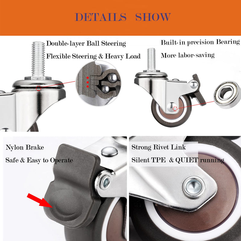 [Australia - AusPower] - Stem Casters, 360 Degree Swivel Stem TPR Wheels with Metric M6-1.0x15mm Thread Rods Replacement Industrial Castors for Carts, Furniture, Dolly, Workbench (1.5 inch with Brakes) 1.5 inch with Brakes 