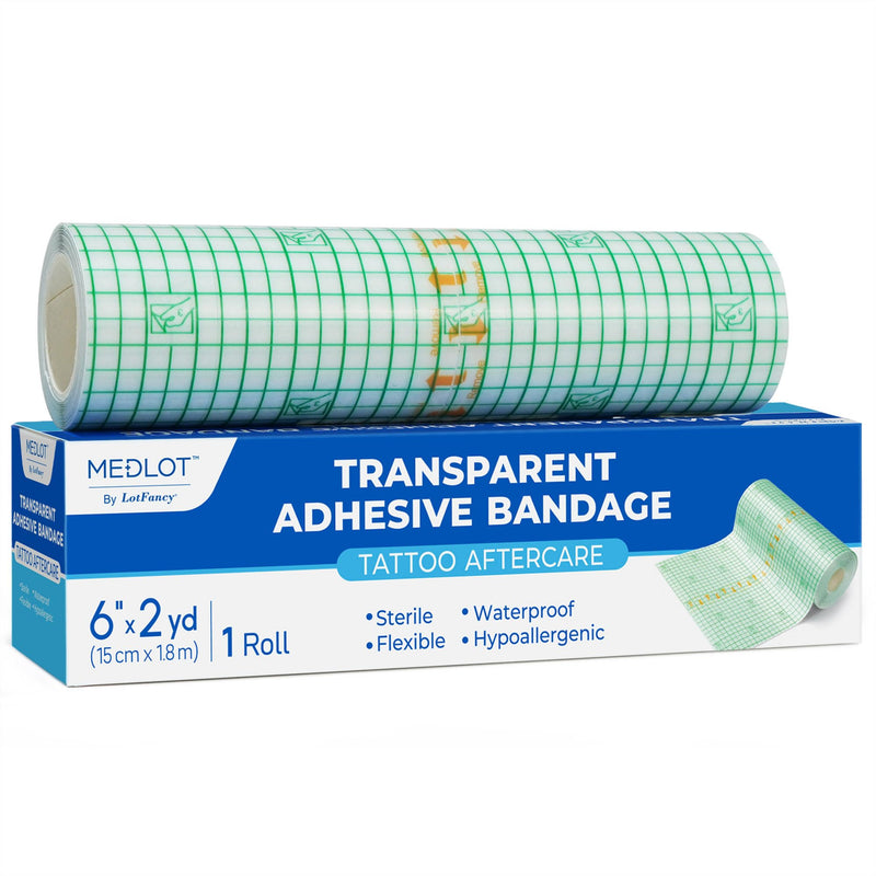 LotFancy Tattoo Aftercare Bandage, 6” x 2 yd Roll, Waterproof Tattoo Wrap for Second Skin Healing, New Tattoo Protection & Wound Care, Sterile Transparent Film Dressing, Hypoallergenic, Latex-Free 6in x 2 Yards