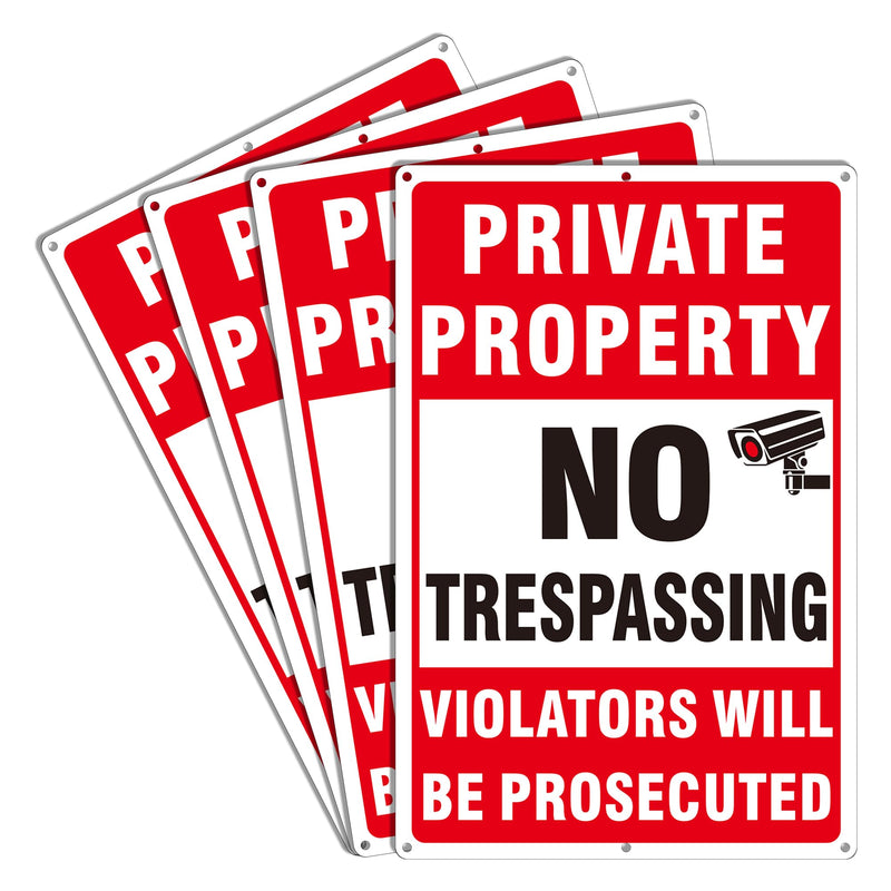 4 Pack Large Private Property No Trespassing Signs, Aluminum No Trespassing Video Surveillance Sign, No Trespassing Signs–Weatherproof and Highly Visible for Property Protection (10x14 inches) 10 x 14 inches Red No Trespassing Signs