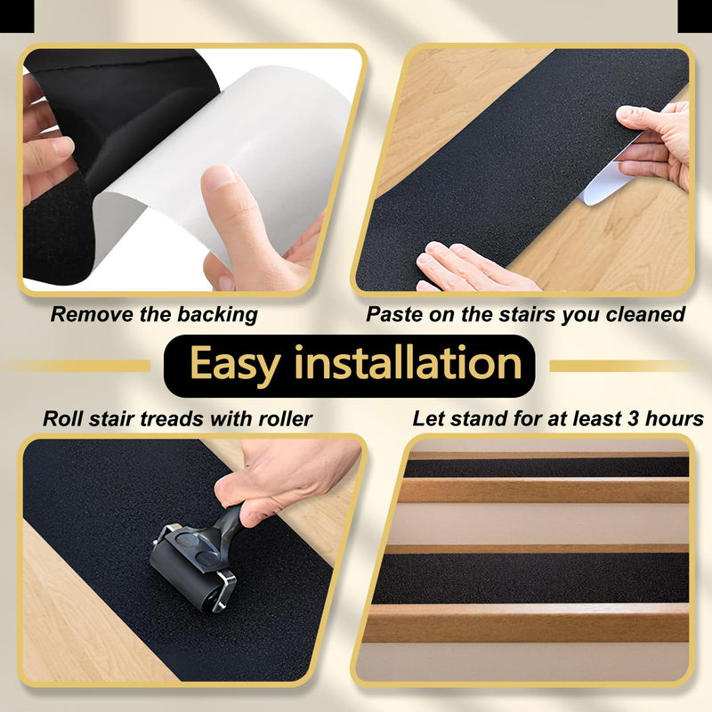 15 Pack Outdoor Non Slip Stair Treads, 24" x 4" Pre-Cut Anti Slip Tape Strips with Roller, Weather Resistant Grip Tape for Steps Wooden Indoor Staircase Floor Ramp Ladder (10cm) 10cm