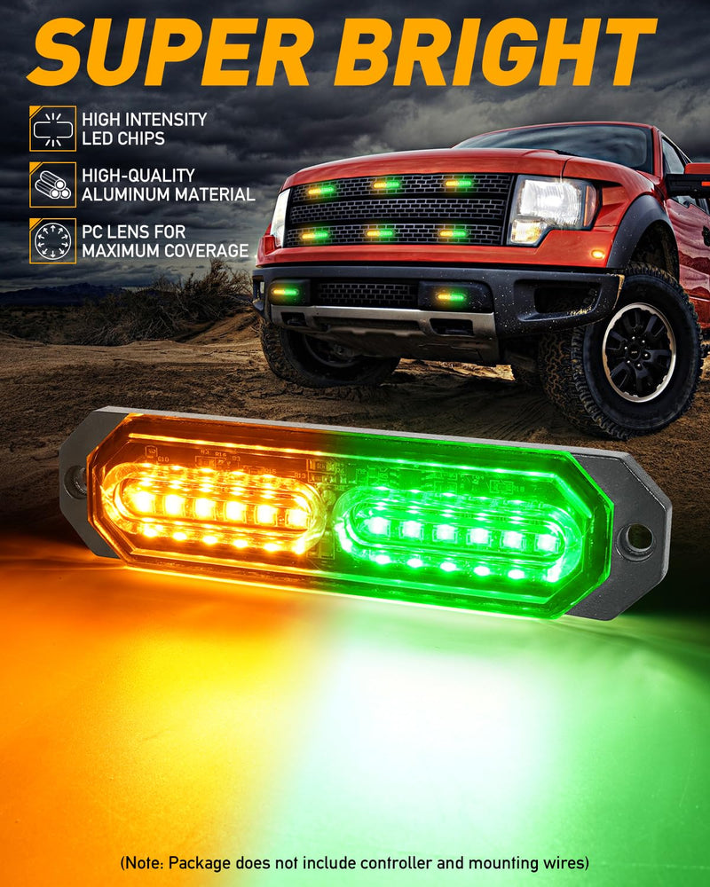 HLauto 1200T Emergency Strobe Grille Lights: 8pcs 12 LED Sync Feature Safety Warning Flashing Lights, Ultra Slim Surface Mount Hazard Caution Lights for Trucks, Vehicles, Car, ATV, UTV (Amber Green) Amber/Green