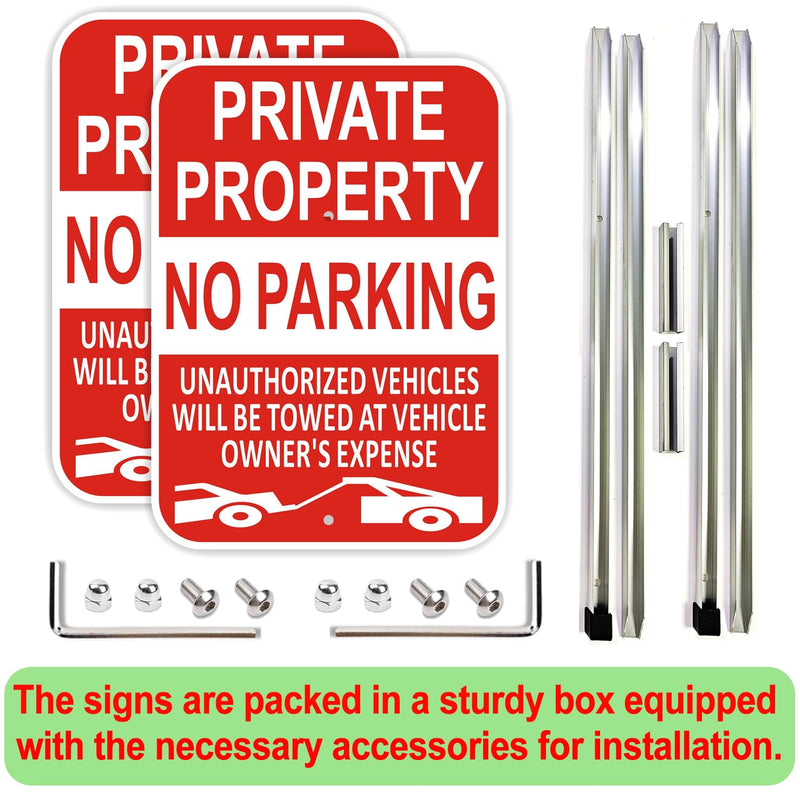 (2 Pack) Large Private Property No Parking Sign with Stake 36" Tall | 14" x 10" Vehicle Towed At Owner's Expense Sign, Reflective Rust Free Aluminum, UV Protected, Fade Resistance, Easy to install 2Pack 36x10 with Stake