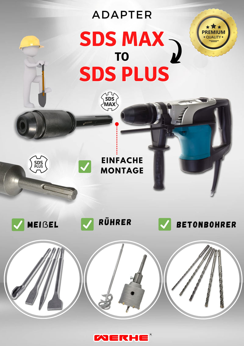 WERHE SDS-Max to SDS-Plus Adapter Chrome Vanadium Steel for Hammer Drills | Sandblasted surface, rust protection, tool-free assembly, rubber protection, for drills, chisels, core drills, length 25 cm Adapter Sds Max to SDS Plus