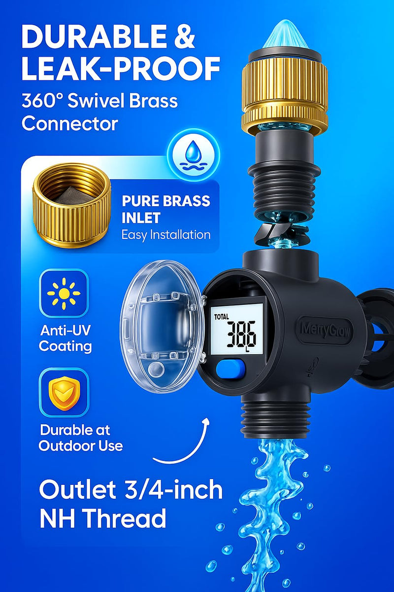 [Australia - AusPower] - 1 Pakc- Water Flow Meter with Brass Inlet, Measuring Gallon/Liter Consumption and Flow Rate for Outdoor Garden Hose Watering, RV Essentials Water Tank Filling, Sprinkler and Nozzle Sprayer 
