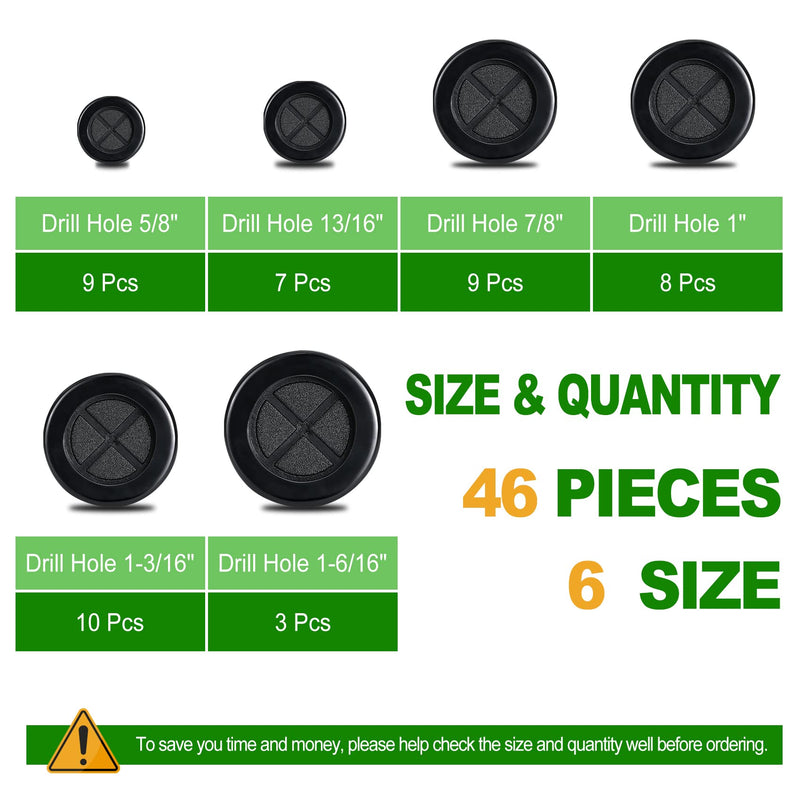 Ocasar 46Pcs Rubber Grommets for Wiring, Premium Soft Double Sided Rubber Grommet Kit, Black Rubber Firewall Grommet Kit Drill Hole 5/8in 13/16in 7/8in 1in 1-3/16in 1-6/16in