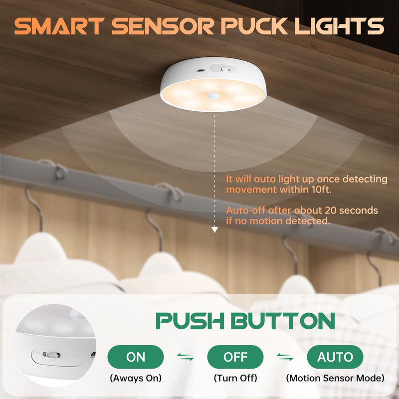 LED Closet Lights Motion Sensor Puck Light with Charge Station, USB Rechargeable Battery Operated Puck Step Lights, Dimmable Under Cabinet Lighting for Counter Wardrobe Kitchen (6 Pack) Warm White 6 Pack with Stand