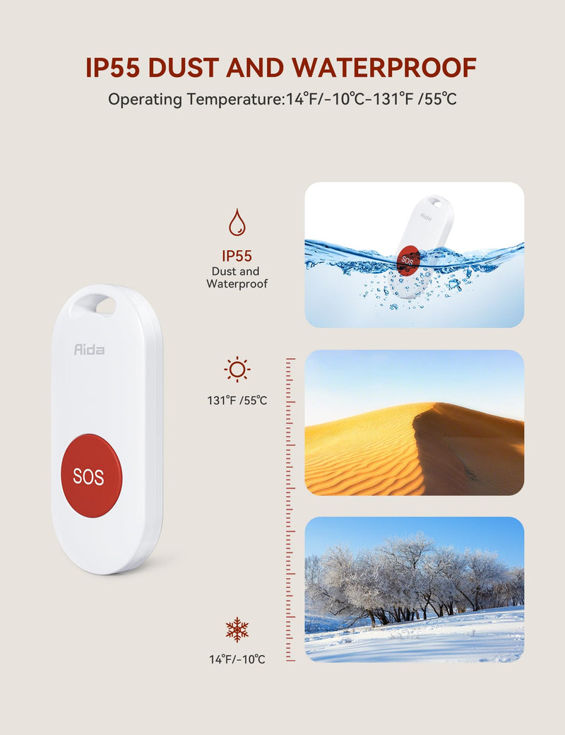[Australia - AusPower] - AIDA Wireless Caregiver Pager, 2 SOS Call Buttons/1 Plug-in Receiver, 600 feet Range, 58 Chimes, 5 levels and up to 110dB Volume, for Home Pager Nurse Call Seniors Elderly Patients Children Emergency 
