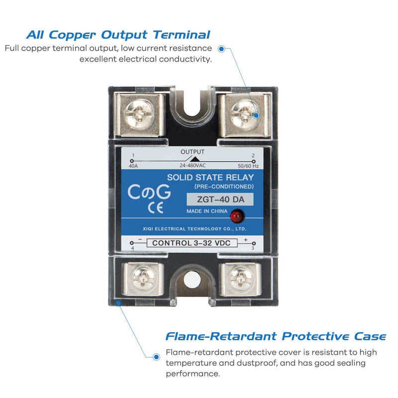 [Australia - AusPower] - CG Solid State Relay SSR-40DA DC to AC Input 3-32VDC To Output 24-480VAC 40A Single Phase Plastic Cover… DC to AC 40A 