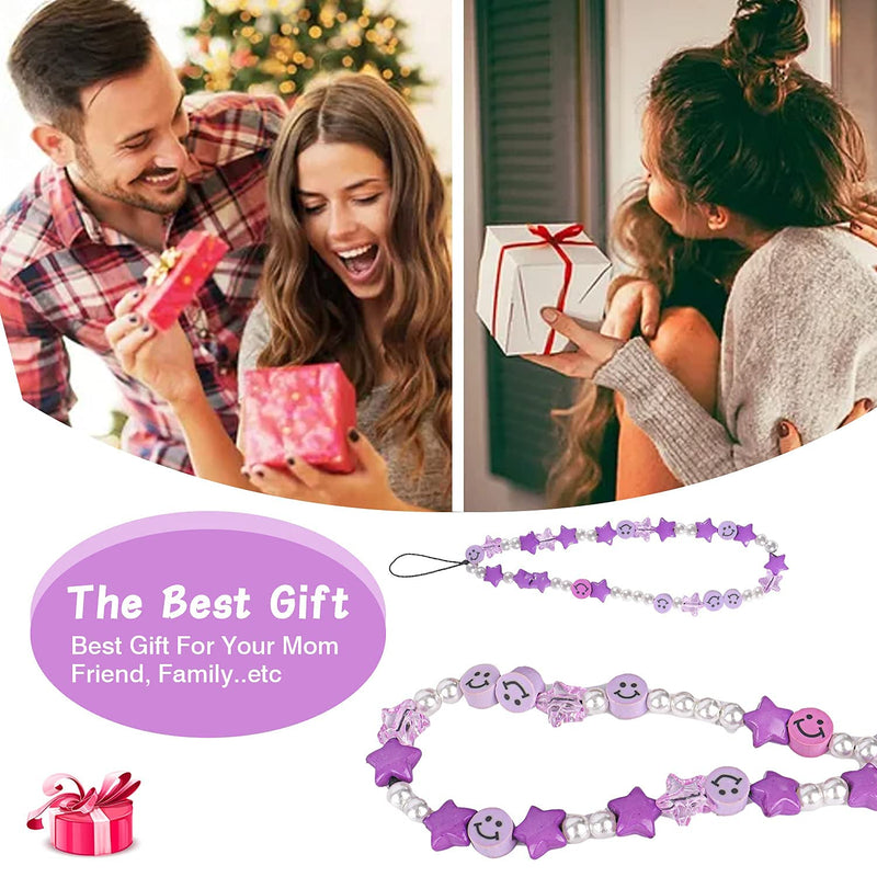 [Australia - AusPower] - Phone Charm Lanyard, 1Pcs Smiley Face Beaded Phone Charm Strap Colorful Star Smiley Soft Ceramic Keychain for Women Girls Purple 