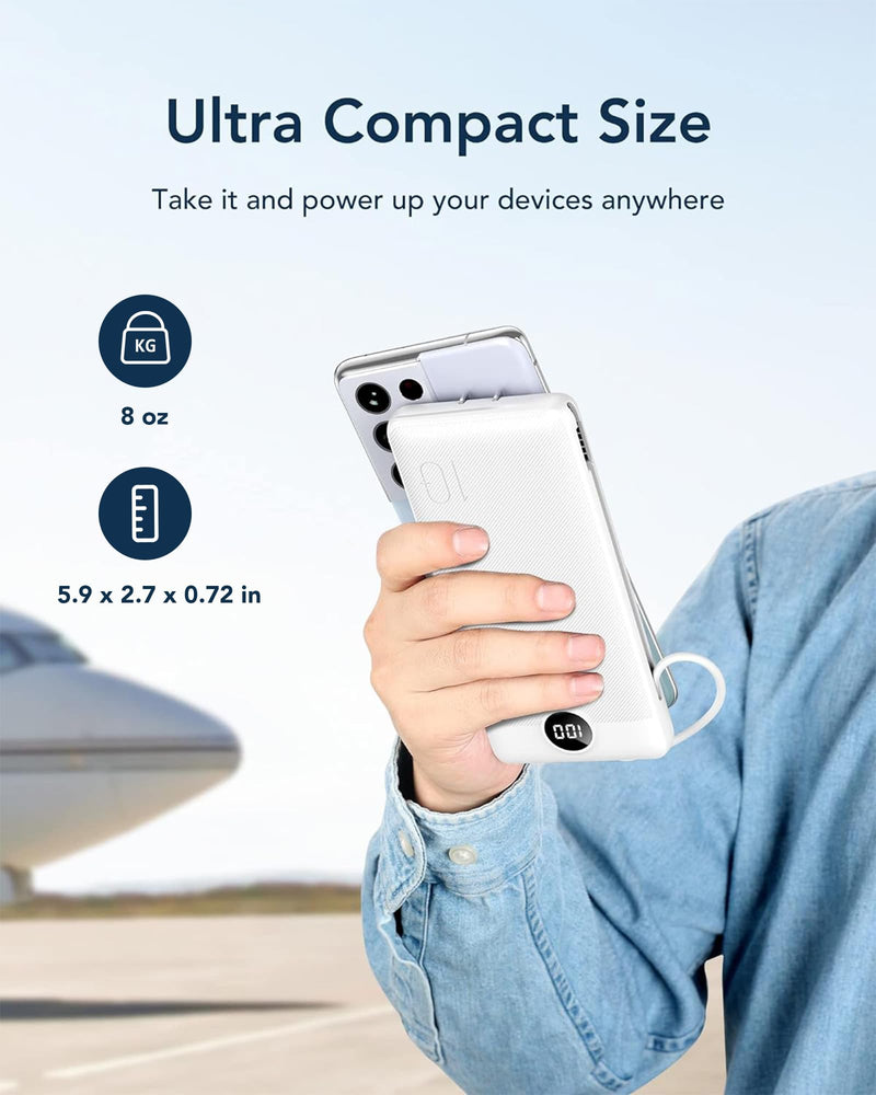 [Australia - AusPower] - VEGER Portable Charger for iPhone Built in Cables and Wall Plug, 10000mah Slim Fast Charging USB C Power Bank, Travel Essential Battery Pack Compatible with iPhones, iPad, Samsung, and More(White) B White 