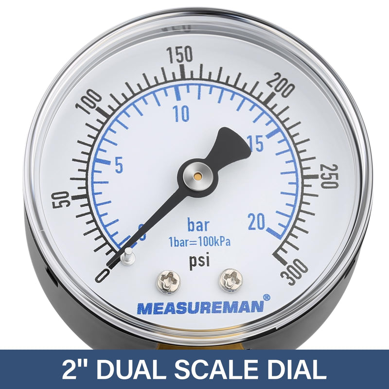 [Australia - AusPower] - MEASUREMAN Air Over Water Test Kit, 2” Dial, 0-300 PSI, 1/4” NPT Top Mount with 3/4” Female Hose Connection for Leak Detection and Pressure Testing 